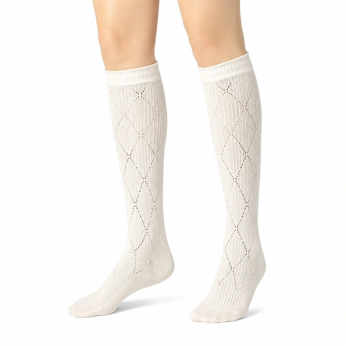 Calcetines altos 39-42 de punto blanco calado con rombos